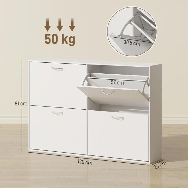 Sapateira Moderna com 4 Gavetas Abatíveis e Prateleiras Ajustáveis para 16 - 24 Pares de Sapatos 120x24x81 cm Branco