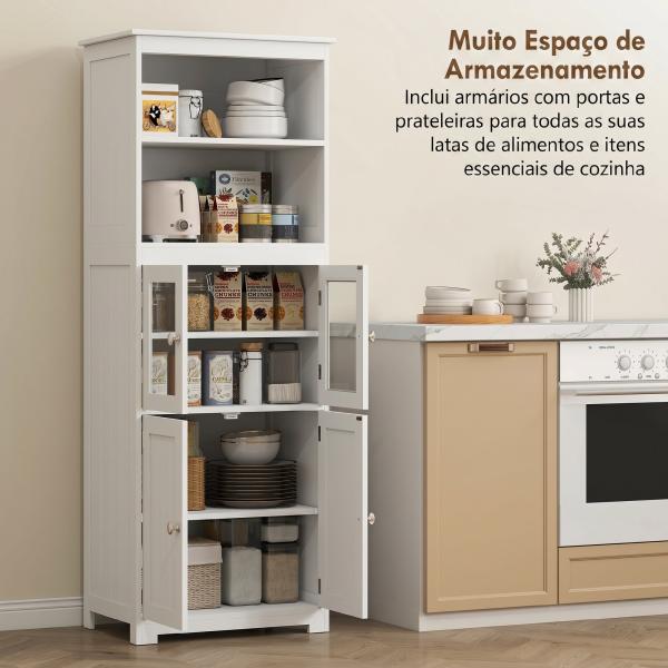 Armário de Cozinha com 2 Portas de Vidro Temperado 2 Prateleiras Abertas e Armário com Prateleira Ajustável 60x30x162 cm Branco