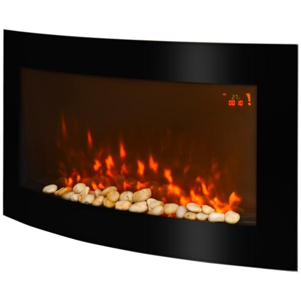 Lareira Elétrica de Parede com Efeito de Chama Realista Luzes LED e Potência Ajustável 1000W/2000W 89,2x13,5x48cm Preto