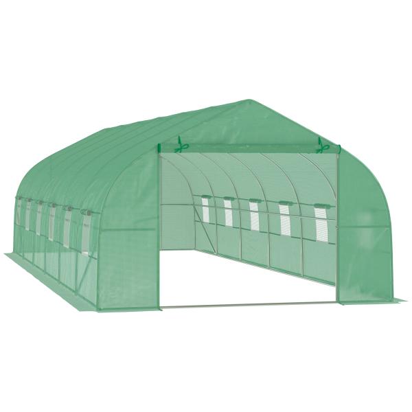 Estufa Tipo Túnel 800x300x200cm com 12 Janelas e Porta Enrolável Cobertura de PE 140g/m² e Aço Teto Pontiagudo para Cultivo de Plantas Verduras Verde
