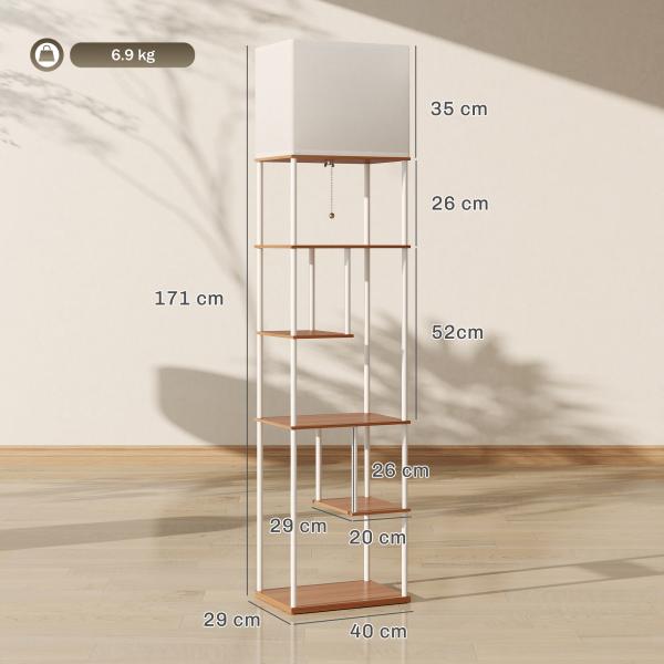Candeeiro de Pé com Prateleiras Brilho e Temperaturas de Cor Ajustáveis 3000K - 6500K e Temporizador 40x29x171 cm Branco e Madeira