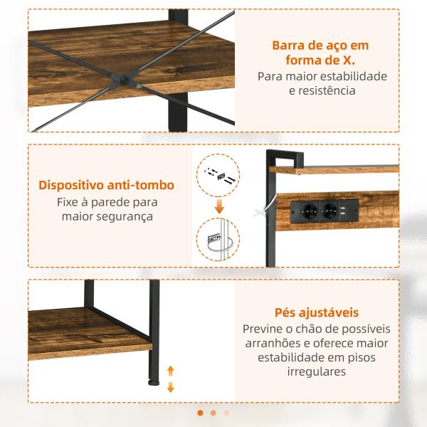 Estante de Cozinha com Ficha 2 Carregadores Prateleira Ajustável USB 5 Gancho em S e Cesta Amovível 90x42x130 cm Marrom Rústico