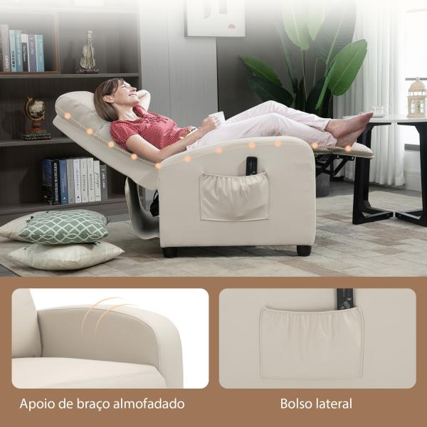 Poltrona de Massagem Reclinável com 2 Zonas de Massagem 8 Programas e 5 Níveis de Intensidade 68x88x98 cm Creme