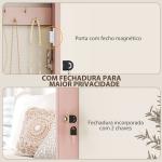 Espelho Joalheiro de Parede Armário para Jóias com Fechadura e Vários Compartimentos para Colares Anéis Pulseiras Rosa e Bege