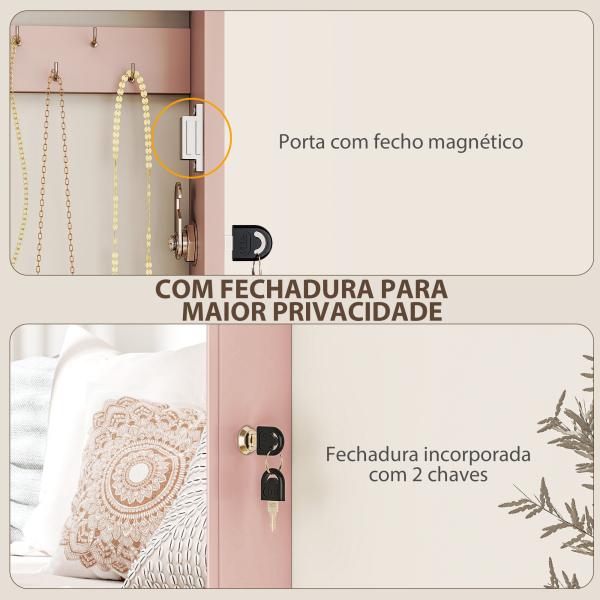Espelho Joalheiro de Parede Armário para Jóias com Fechadura e Vários Compartimentos para Colares Anéis Pulseiras Rosa e Bege
