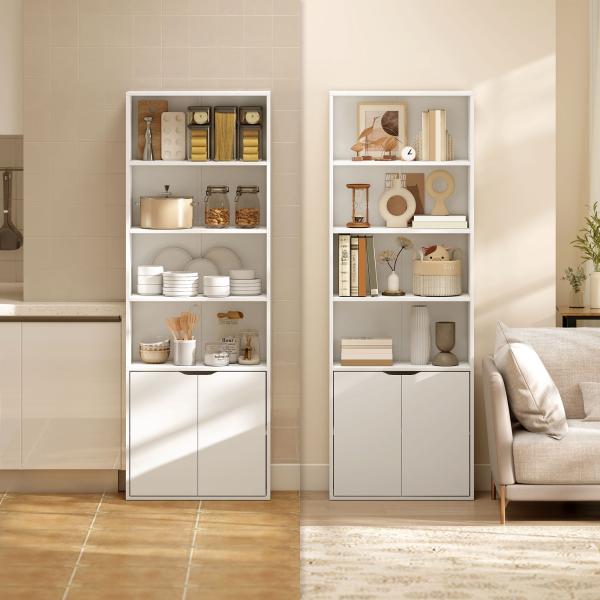 Estante para Livros com 4 Compartimentos Abertos e 1 Armário com 2 Prateleiras Armazenamento Livros Plantas para Sala de Estar Escritório 59x29x180cm Branco