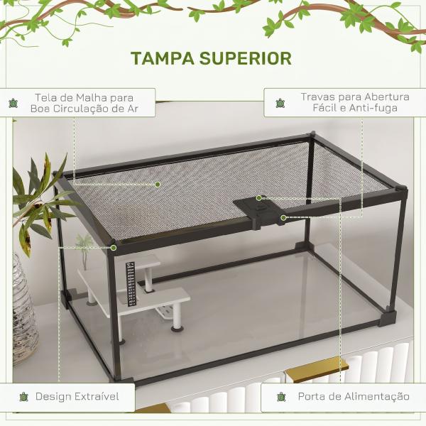 Aquário para Tartarugas em Vidro Temperado com Termómetro, Plataforma para Banhos de Sol e Tampa em Rede