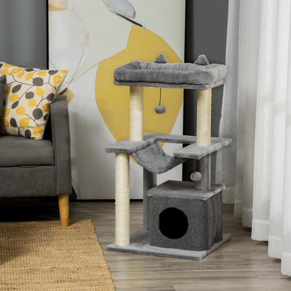 Arranhador para Gatos de 3 Níveis com Caverna Rede Plataforma Bolas Suspensas e Poste de Sisal 48x48x90 cm Cinza