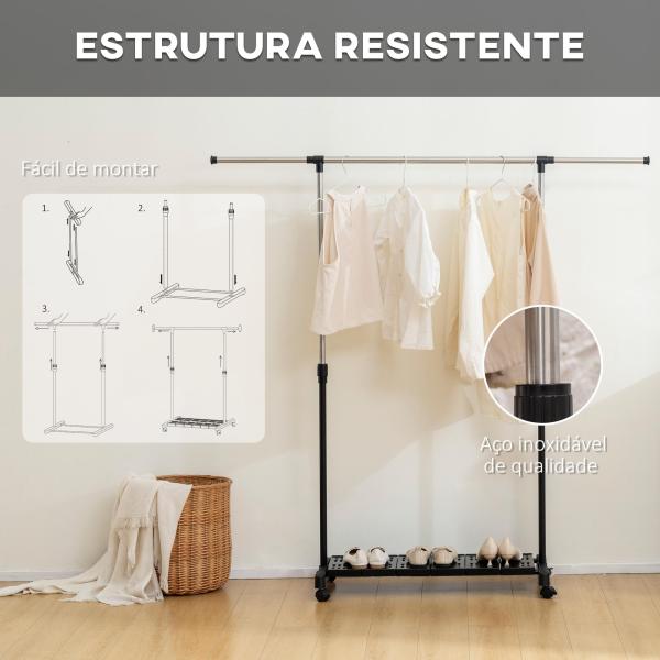 Charriot com Rodas com Barra de Aço Inoxidável e Prateleira para Sapatos Altura Ajustável 94 - 159x42x93 - 168 cm Preto