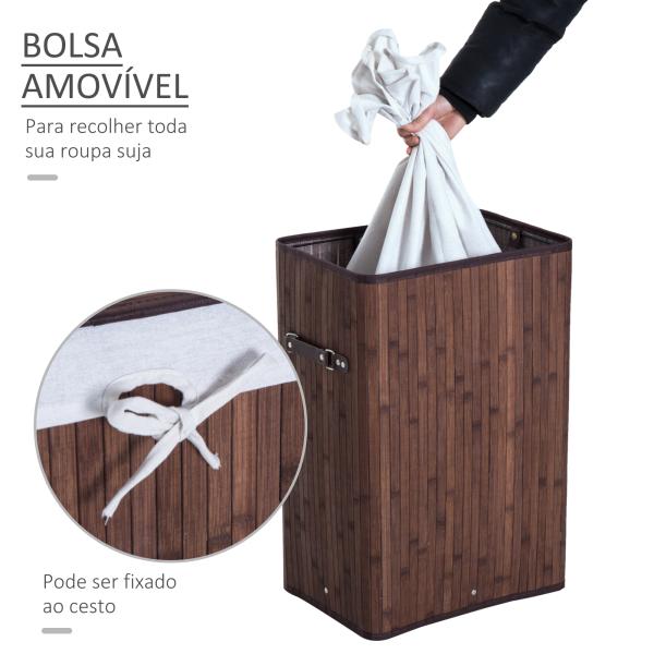 Cesto de Roupa de Bambu Dobrável Cesto para Roupa Suja 70L com Tampa e Bolsa Amovível 40x30x60 cm Bambu