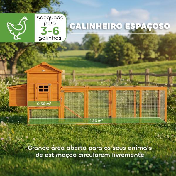 Galinheiro de Madeira para 3 - 6 Galinhas com Teto Asfáltico Porta com Trava Bandeja Amovível e Rampa 297,5x68x118cm Madeira