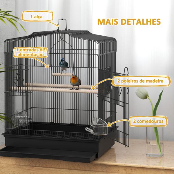 Gaiola para Pássaros 46,5x36x59 cm Gaiola de Metal para Pássaros com 2 Comedouros 2 Poleiros Baloiço Bandeja Amovível Preto