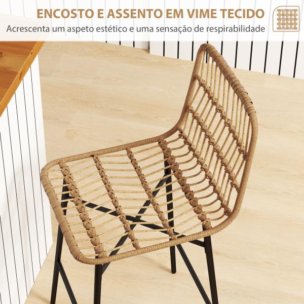 Conjunto de 2 Bancos Altos de Cozinha Bancos de Bar com Encosto e Assento em Vime Sintético 43x56x101 cm Marrom Claro