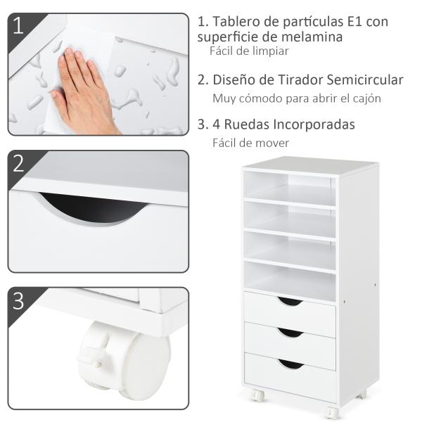 Móveis de escritório com 3 gavetas 4 prateleiras abertas 4 rodas 40x30x83 cm Branco