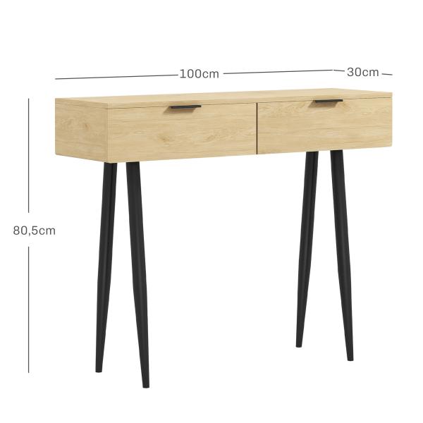 Mesa Consola Móvel para Entrada com 2 Gavetas e Pés de Aço Consola para Entrada Corredor 100x30x80,5 cm Carvalho