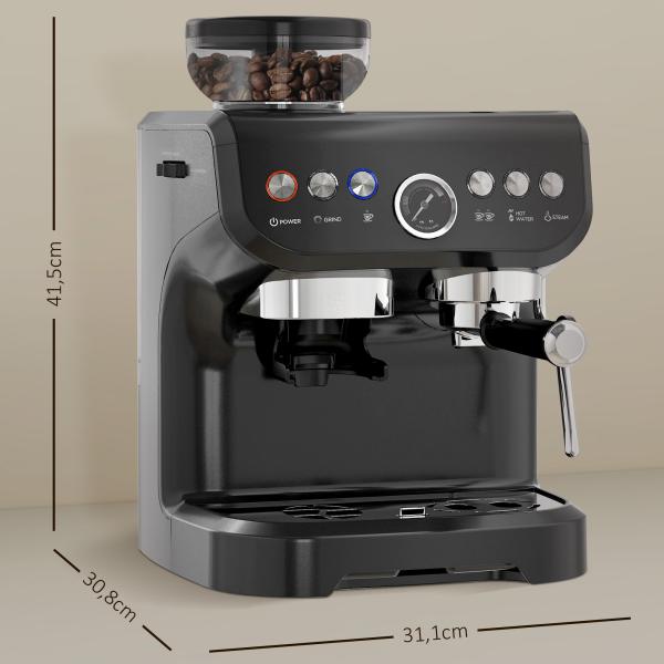 Máquina de Café Expresso 15 Bares 1600 W com Moinho de 15 Níveis e Vaporizador de Leite para Cappuccino e Latte Preta