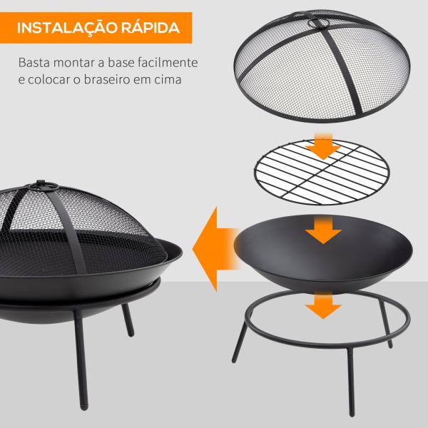 Braseiro de Exterior de Metal com Tampa Protetora de Faíscas e Atiçador para Varanda Campismo Ar Livre Ø47x33 cm Preto
