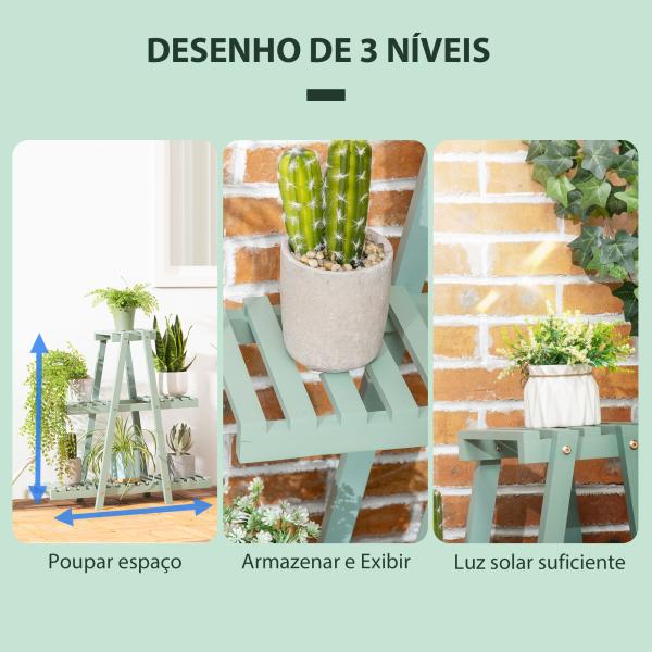 Suporte de Madeira para Plantas de 3 Níveis Prateleira Decorativa de Plantas para Interior Exterior 46x26x76cm Verde