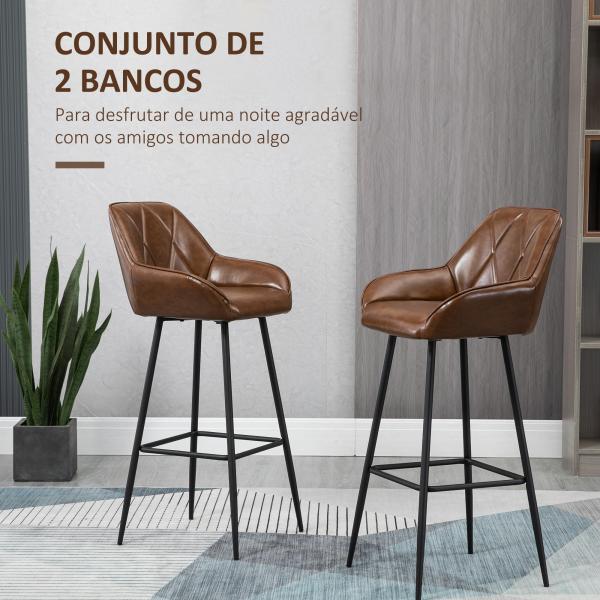 Conjunto de 2 Bancos Altos Estofados em PU com Encosto Alto Pés de Aço e Apoio para os Pés 50x47,5x102,5cm Marrom