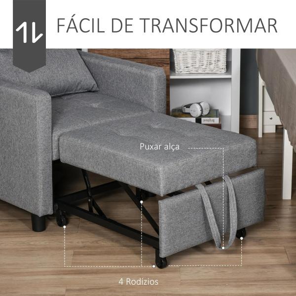 Sofá - cama Individual Poltrona com encosto reclinável Almofada removível Assento acolchoado e 4 rodas 69x82.5x84 cm Cinza