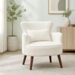 Poltrona Relax Individual em Bombazina com Almofada, Braços e Pés de Madeira para Quarto e Escritório, Creme