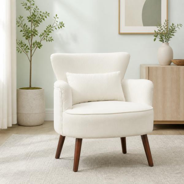 Poltrona Relax Individual em Bombazina com Almofada, Braços e Pés de Madeira para Quarto e Escritório, Creme