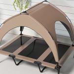 Cama para Cães Elevada com Toldo para Cães Médios com Estrutura de Aço e Bolsa de Transporte 106x76x94 cm Marrom Claro