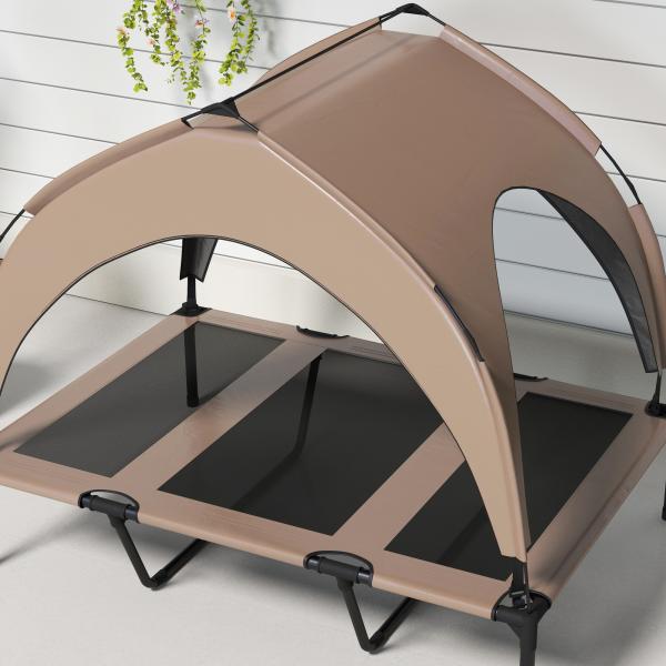 Cama para Cães Elevada com Toldo para Cães Médios com Estrutura de Aço e Bolsa de Transporte 106x76x94 cm Marrom Claro