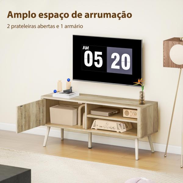 Móvel de TV para Televisão até 55 Polegadas com Porta Acanalada Prateleira Ajustável Compartimentos Abertos 115x35x49 cm Carvalho