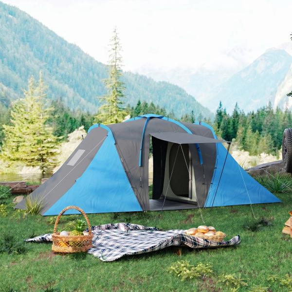 Tenda de Campismo Familiar para 4 - 6 Pessoas com 2 Dormitórios Impermeável 3000 mm com Bolsa 555x225x190 cm Cinza e Azul