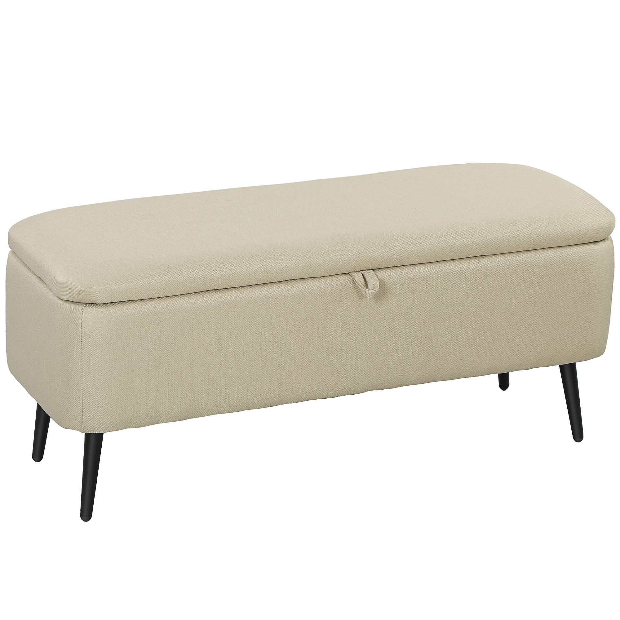 Banco de Armazenamento Estofado em Linho com Tampa Abatível e Pés de Aço Carga Máxima 150kg 101x38,5x44,5 cm Bege