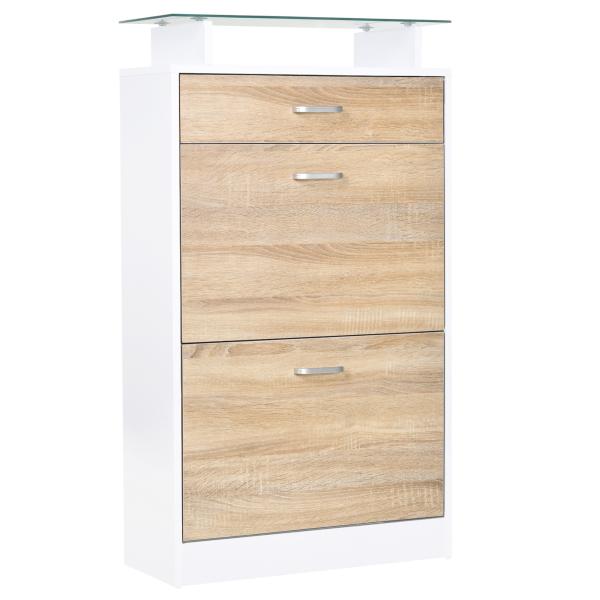 Sapateira de 2 Portas Sapateira Estreito para 12 Pares de Sapatos com Gaveta e Bancada de Vidro 60x24x105,5cm Branco