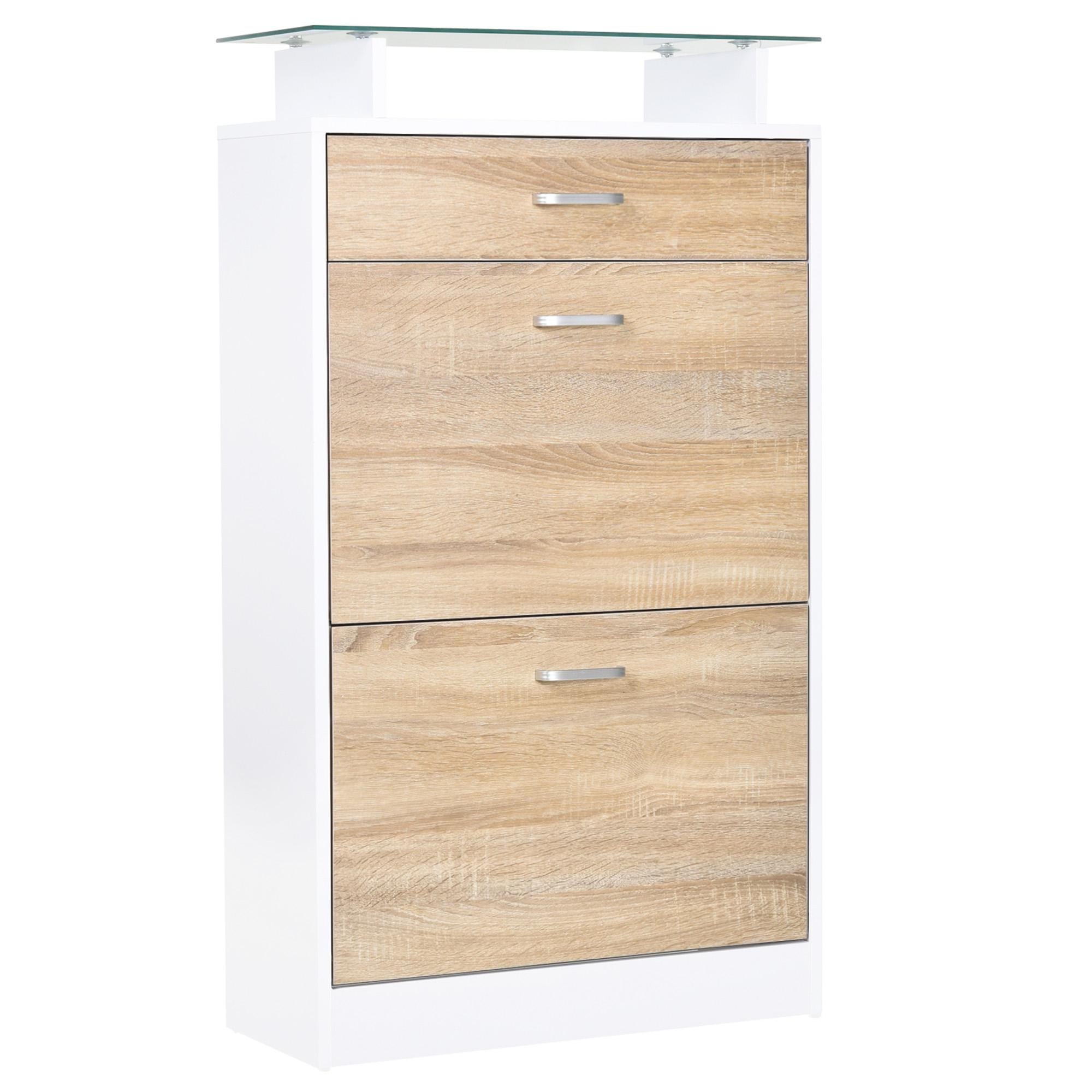 Sapateira de 2 Portas Sapateira Estreito para 12 Pares de Sapatos com Gaveta e Bancada de Vidro 60x24x105,5cm Branco