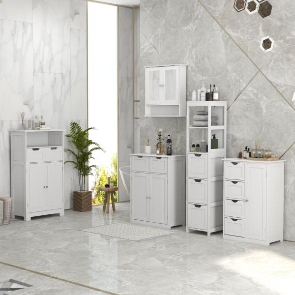 Kleanklin Armário de Casa de Banho com 2 Portas Prateleira Ajustável 2 Gavetas e Compartimento Aberto Móvel Auxiliar de Armazenamento para Sala de Estar Cozinha 60x30x108,8cm Branco