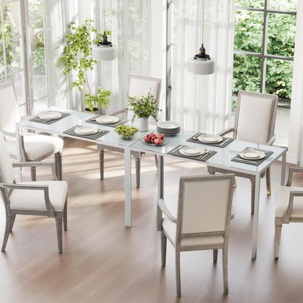 Mesa Sala de Jantar de Cristal Mesa Retangular para 4 - 6 pessoas com Pés de Metal Multifuncional para Cozinha 120x60x75cm Branco