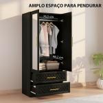Roupeiro com Espelho 2 Portas e 2 Gavetas Relevo de Diamante Barra para Pendurar Estilo Moderno 80x50x180 cm Preto