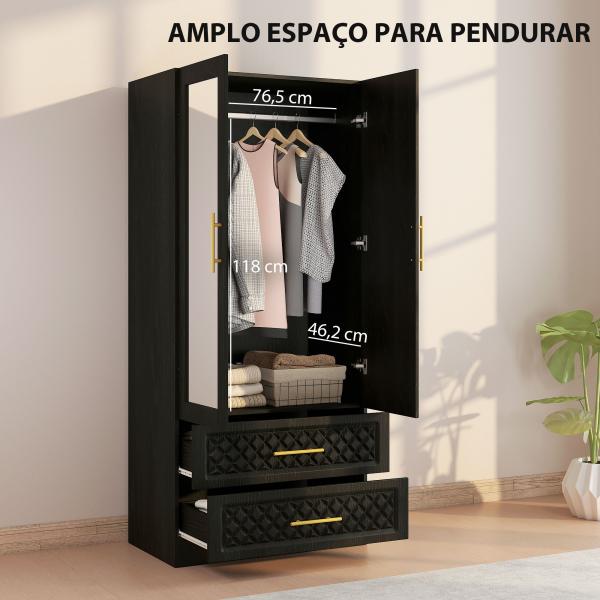 Roupeiro com Espelho 2 Portas e 2 Gavetas Relevo de Diamante Barra para Pendurar Estilo Moderno 80x50x180 cm Preto