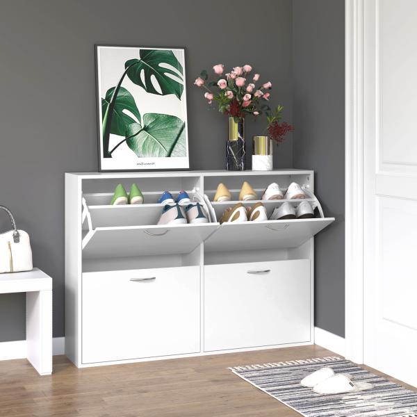 Sapateira Moderna com 4 Gavetas Abatíveis e Prateleiras Ajustáveis para 16 - 24 Pares de Sapatos 120x24x81 cm Branco