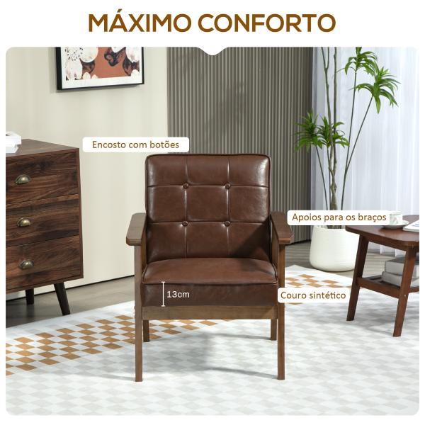 Poltrona Sala de Estar Estofada em PU com Apoio para os Braços e Estrutura de Madeira de Borracha 64x66x80 cm Marrom