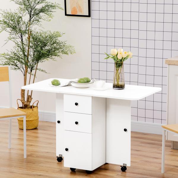 Mesa Dobrável c/ 2 Gavetas e Rodas para Jantar Mesa Auxiliar Multifuncional 120x60x76,5cm Branco
