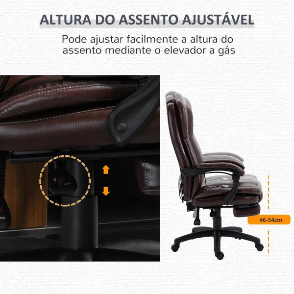 Cadeira de Escritório e Giratória Cadeira de Escritório com Altura Ajustável 6 Pontos de Massagem Controle Remoto e Apoio para os Pés Retrátil 68,5x68,5x119 - 127cm Marrom