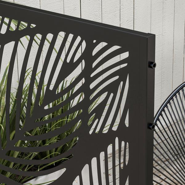 Biombo de Exterior Separador de Ambientes com 3 Peças com Padrão de Flores Grande e Estrutura de Aço 122x45x198 cm Preto