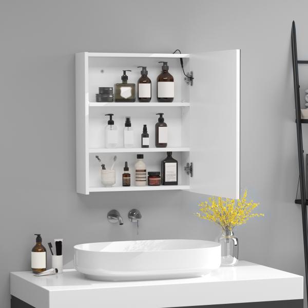Armário Casa de Banho com Espelho e Luz LED 2 Prateleiras de Armazenamento e Interruptor Tátil 50x15x60cm Branco