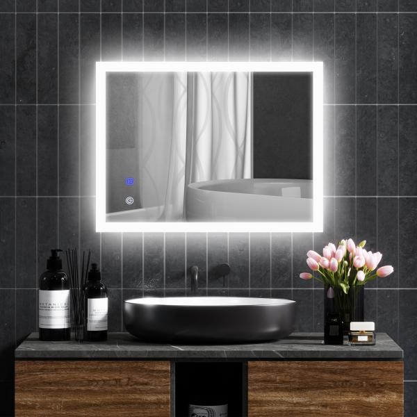 Espelho Casa de Banho com Luzes LED 80x60 cm Função Antiembaciamento 3 Cores Função de Memória e Interruptor Tátil Prata
