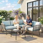 Conjunto de Móveis de Jardim em Ratã Sofá de Canto com Almofadas e Mesa de Centro para Terraço Exterior Azul Claro