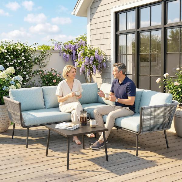 Conjunto de Móveis de Jardim em Ratã Sofá de Canto com Almofadas e Mesa de Centro para Terraço Exterior Azul Claro