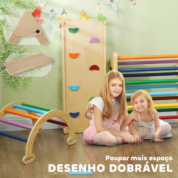 Triângulo de Escalada de Madeira 5 em 1 Escada para Crianças de 18 - 48 Meses com Rampa e Arco de Escalada 178x64,5x63 cm Multicor