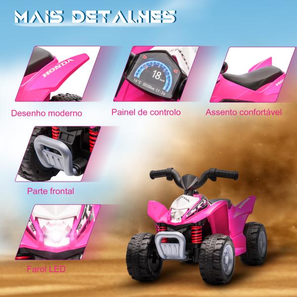 Quadriciclo Elétrico HONDA para Crianças de 18 - 36 Meses Quadriciclo Elétrico Infantil a Bateria 6V com Faróis LED Buzina Velocidade de 2,8km/h e Avance 65,5x35,5x43,5cm Rosa