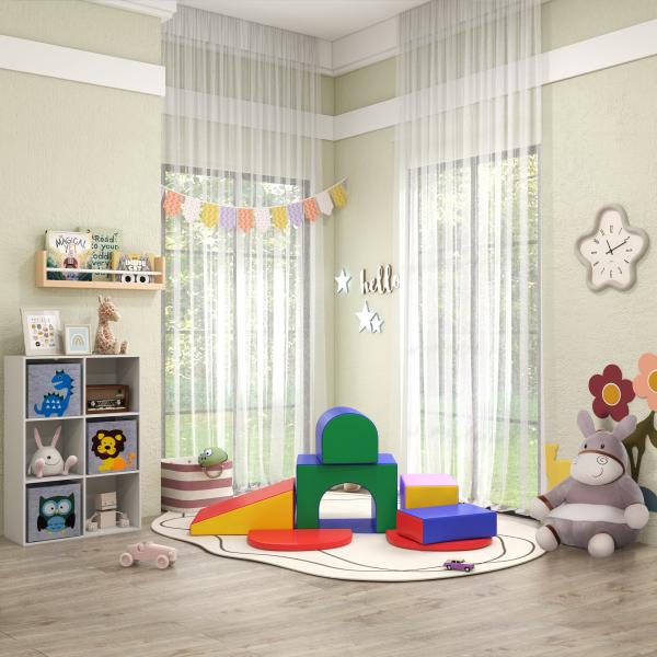 Estante para Brinquedos com 6 Compartimentos e 3 Caixas de Tecido não Tecido e Desenho de Animais 61,8x29,9x91,5 cm Branco e Cinza