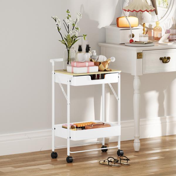 Carrinho Auxiliar com Rodas de 2 Níveis Carrinho de Cozinha com 1 Gaveta e 1 Cesto Carrinho Organizador 45x29,5x68 cm Branco
